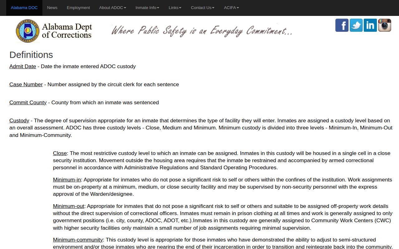 ADOC definitions for Escambia County projected release date fields
