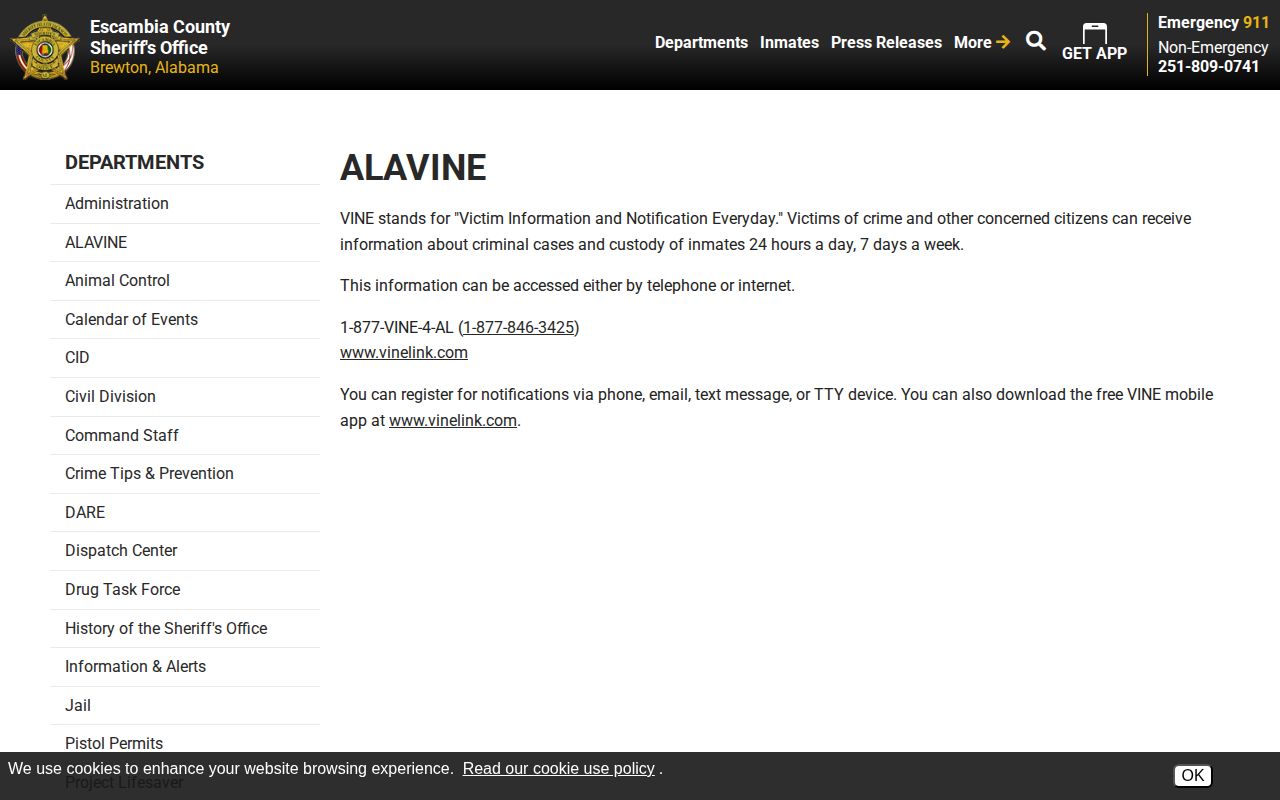 Escambia County AlaVINE release notification page for VINELink inmate checks