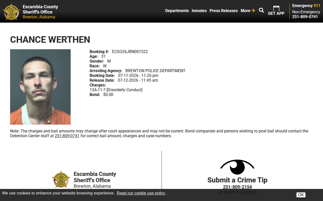 Escambia County released inmate mugshot profile from sheriff release feed