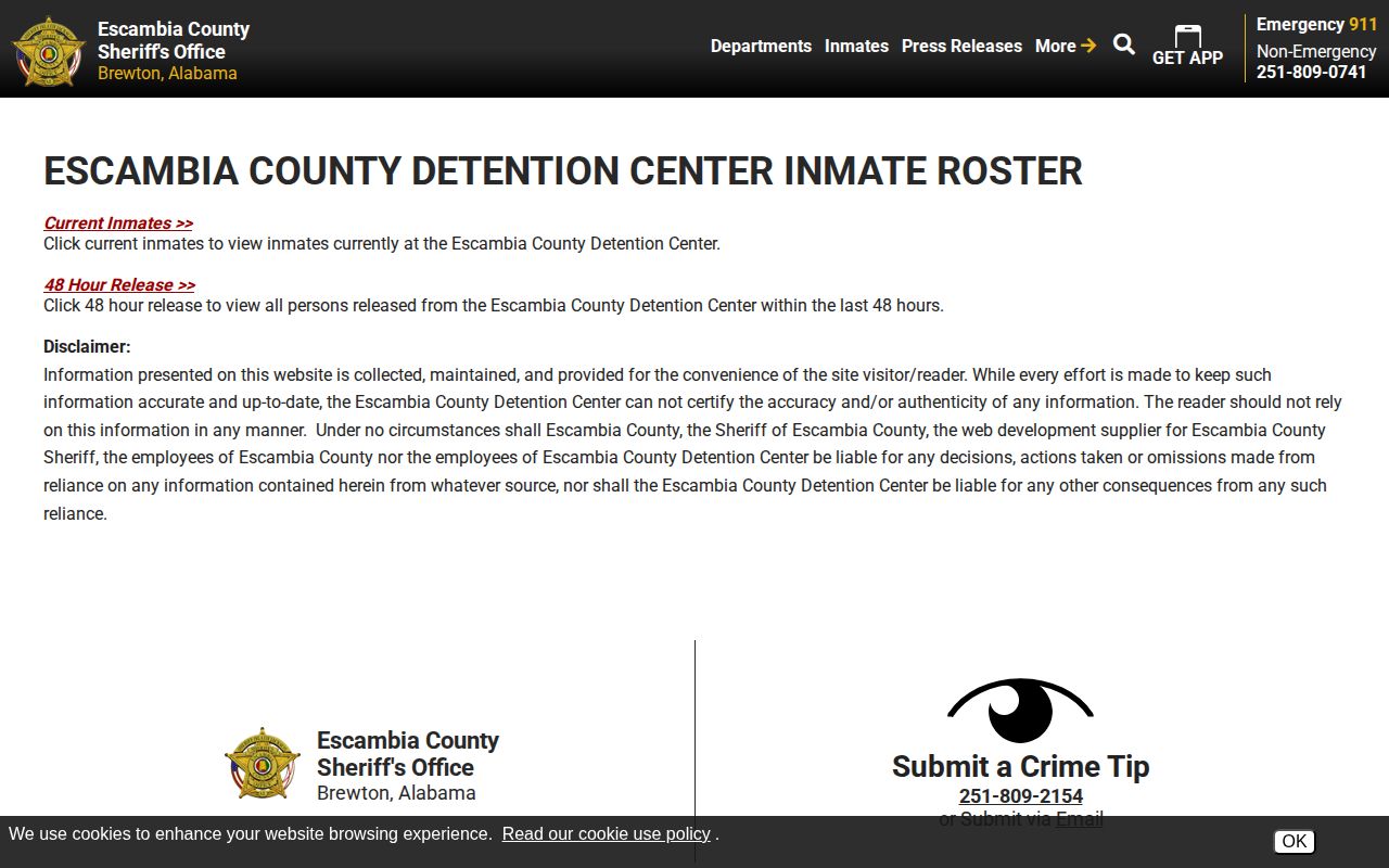 Escambia County 72 hour release list roster chooser showing 48 hour release option
